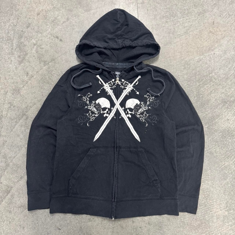 Y2K Men's Zip Up Hoodie Black Skull Sword Grunge Gothic Lightweight Medium